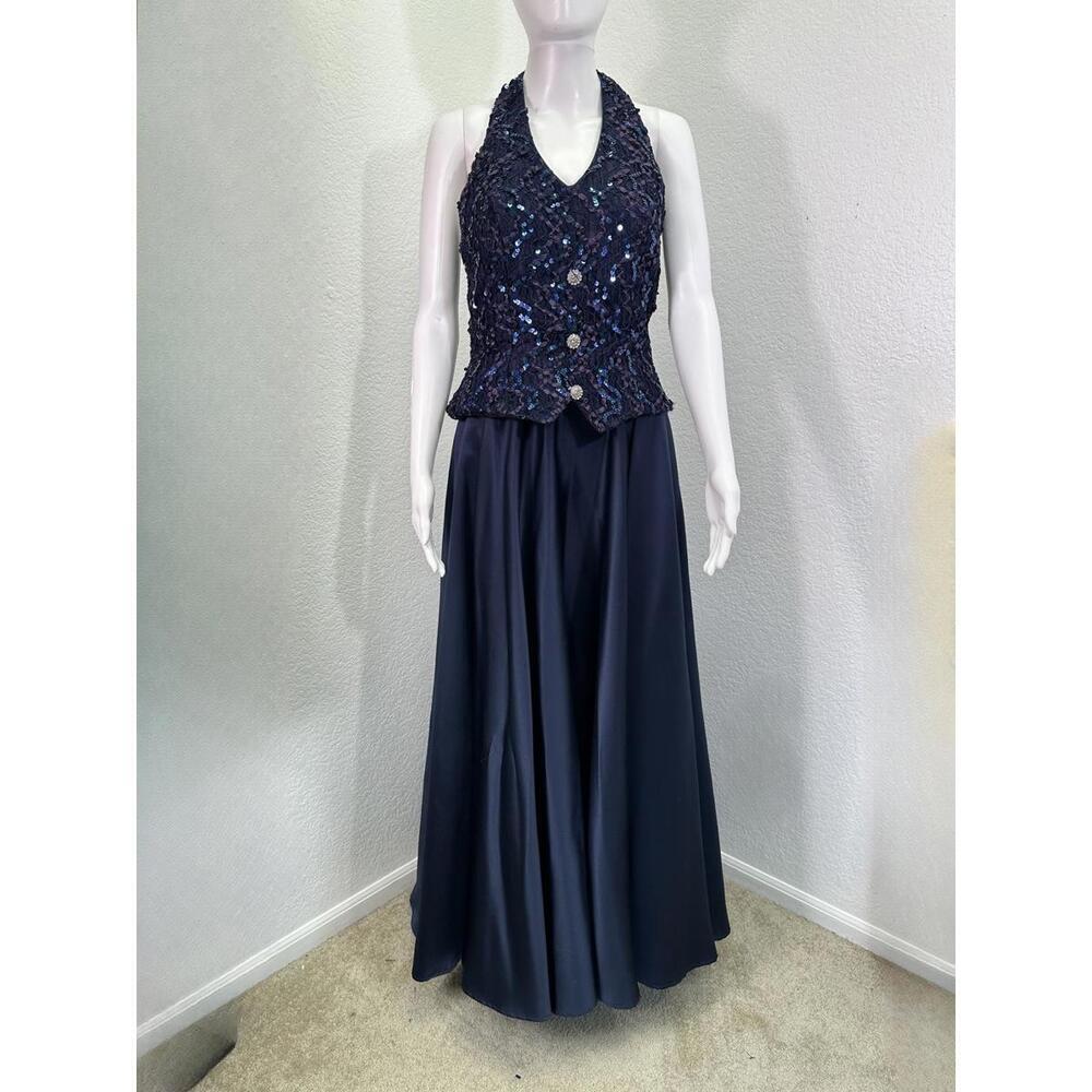 Y2K Cache’ Sz 7/8 Midnight Blue Halter Satin Sequin Brocade Bodice Prom Dress